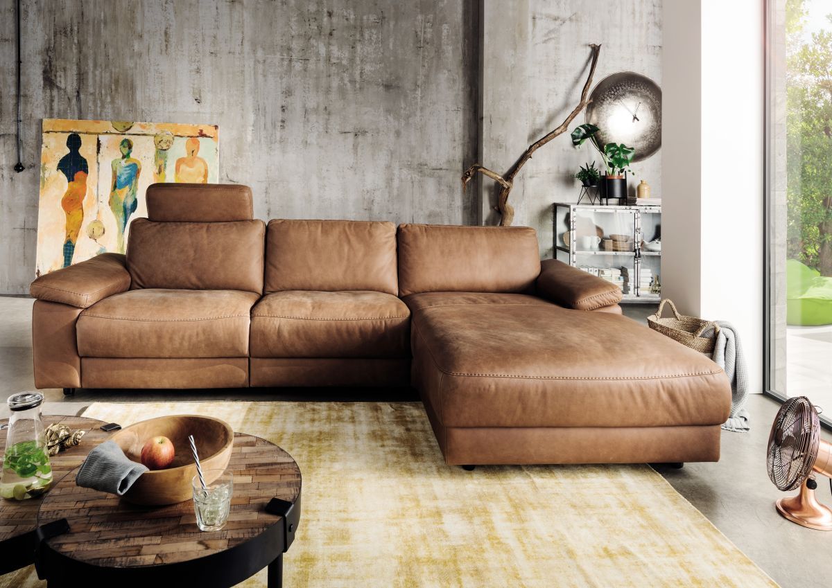 Sofa Portland Longchair aus Leder mit Armlehne in Kissenoptik